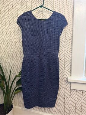 Classic Tailored Navy Polka Dot Cap Sleeve Dress with V Back